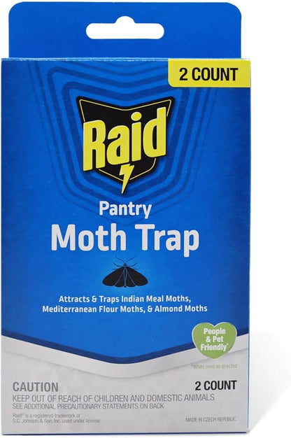 Raid Pantry Moth Traps for Food Storage Areas, 2 Pack, Indoor Sticky Fly Trap with Bait, No Insecticides, Controls Common Pantry Moths, Up to 6 Months Use, Open, Peel, Fold and Place