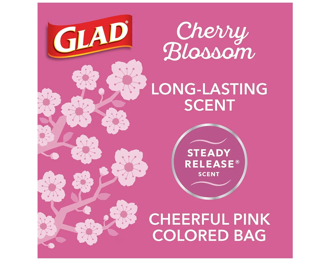 Glad OdorShield Medium Trash Bags, 8 Gal, Febreze Cherry Blossom, 26 Ct (Package May Vary)