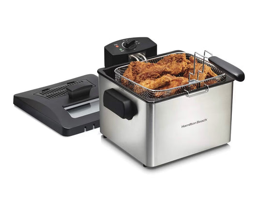 Hamilton Beach 35042 Professional Style Electric Deep Fryer, Frying Basket with Hooks, 1800 Watts, 5 Liter, Stainless Steel