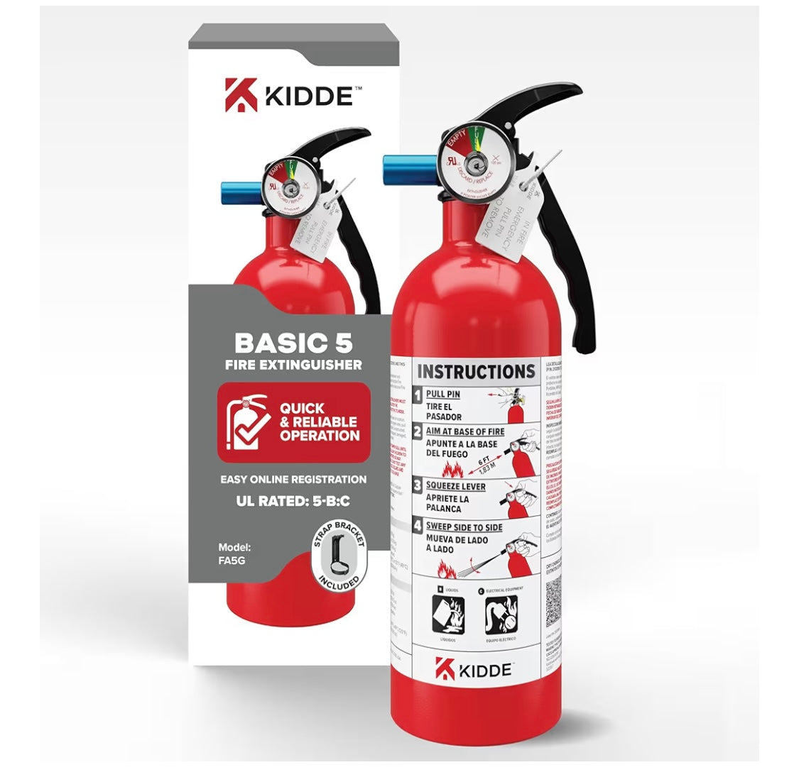 Kidde Basic Fire Extinguisher for Home, Office, Residential, Single-Use, 5BC