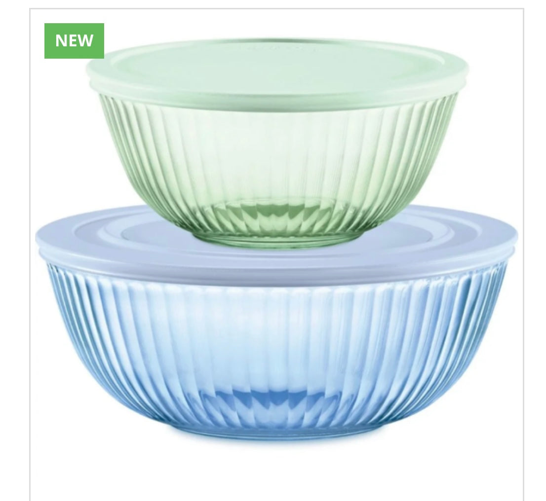 PYREX-4 PC.COVERD TINTED MIXIN G BOWLS 2.3 QT and 4.5 QT
