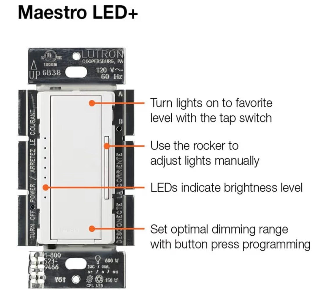 Lutron Maestro LED+ Dimmer Switch for Dimmable LED, Halogen and Incandescent Bulbs, 150W/Single-Pole or Multi-Location, MACL-153M-LA, Light Almond