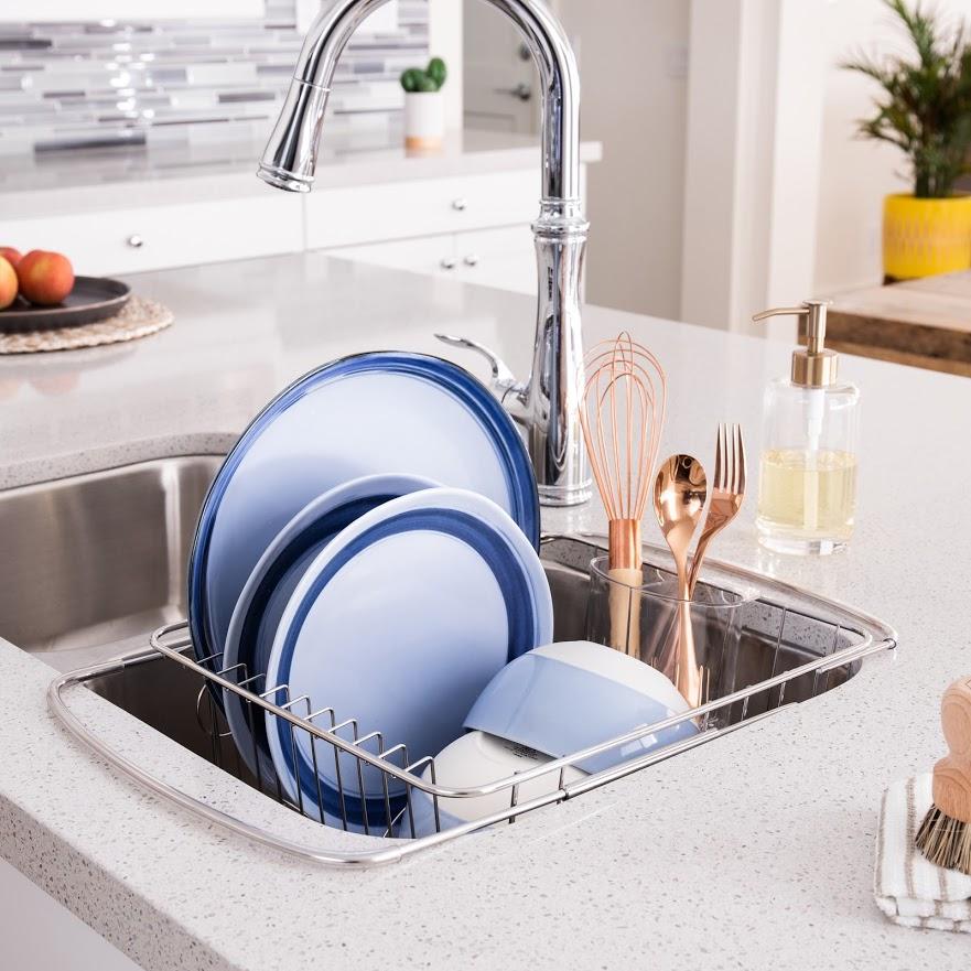 Adjustable over the sink dish, drainer stainless steel