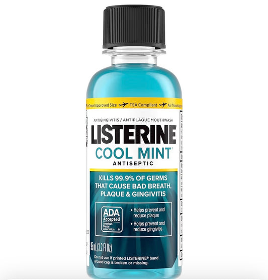 Listerine Cool Mint Antiseptic Mouthwash for Bad Breath, Plaque and Gingivitis, Travel Size, 3.2 Fl Oz, Pack of 1