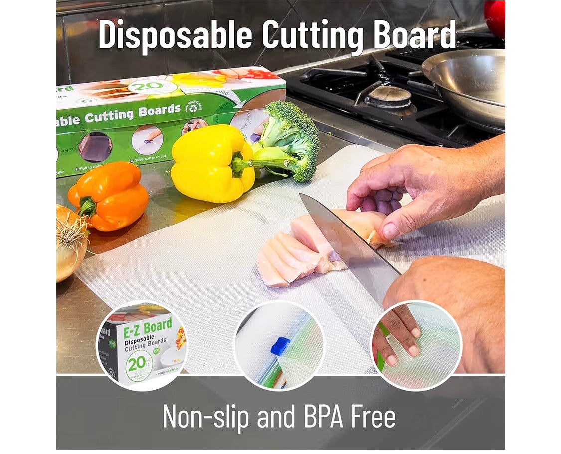 Mind Reader E-Z Board Disposable Plastic Cutting Board, 20 Square Feet, Easy Clean-Up and Convenient Use, Ideal for Camping, Hunting, Boating, and For People With Food Allergies, Clear