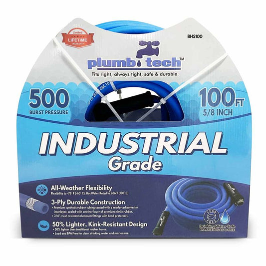 5/8" x 100' Industrial Grade Dual-Purpose Blue Synthetic Rubber Hose, BPA Free for Safe Drinking, 500 PSI Burst Pressure