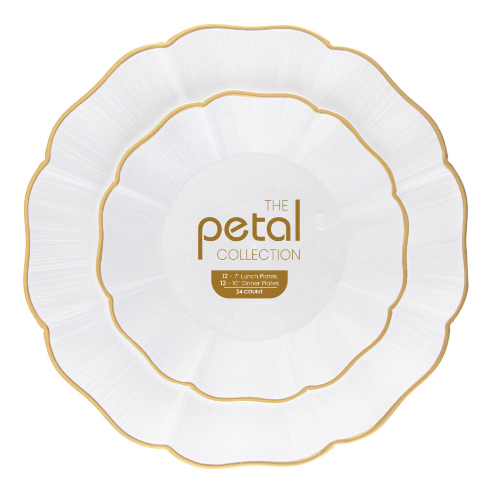 Petal Collection Combo Plates 7″ & 10″ Pearl/ Gold Rim (24 Count)