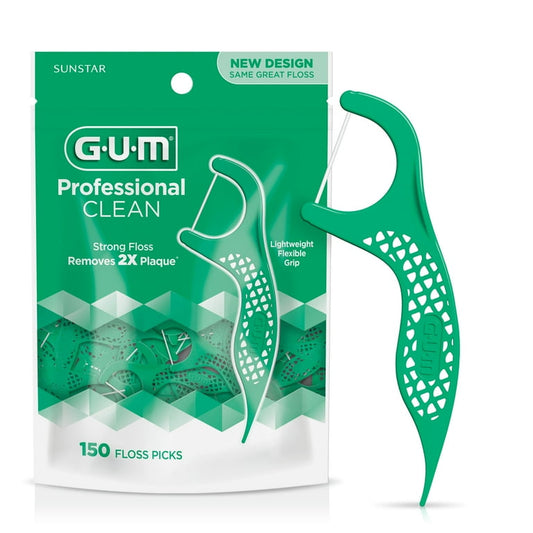 GUM Professional Clean Floss Picks - Extra Strong Shred-Resistant Floss, Easy Grip Handle, 150 Count