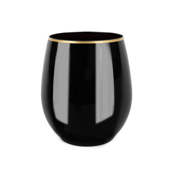 Stemless Goblets 12 oz Black Gold Rim