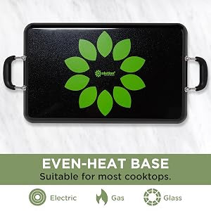 Ecolution Artistry Nonstick Double Burner Griddle, Easy To Clean, Cool Touch Silicone Handle, Dishwasher Safe Pots and Pans, 12-Inch x 18-Inch, Black