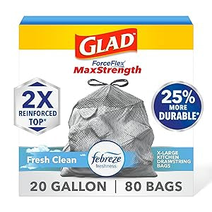 Glad ForceFlex MaxStrength Kitchen Trash Bags, 20 Gal, Fresh Clean Febreze, 80 Ct