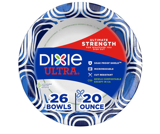 Dixie Ultra, Large Paper Bowls, 20 Oz, 26 Count, Microwave Safe, Compostable, Disposable Bowls Great For Breakfast, Lunch, And Dinner Meals