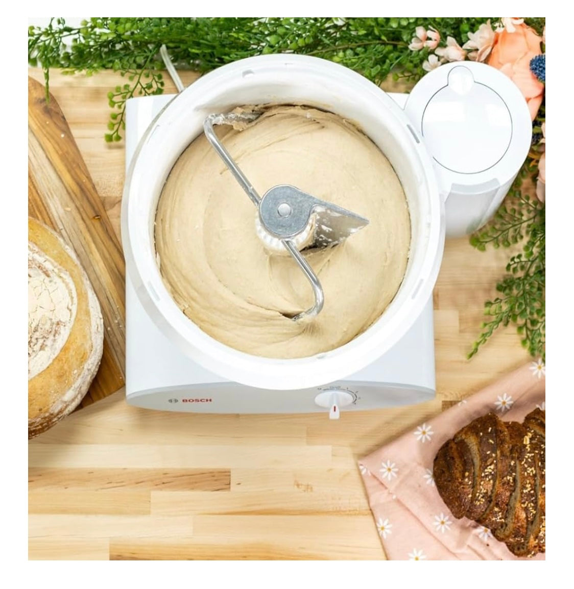 Bosch Universal Plus Stand Mixer 500 Watt, 6.5 Quarts with Wire Whips, Dough Hook & NutriMill Dough Hook Extender Bundle