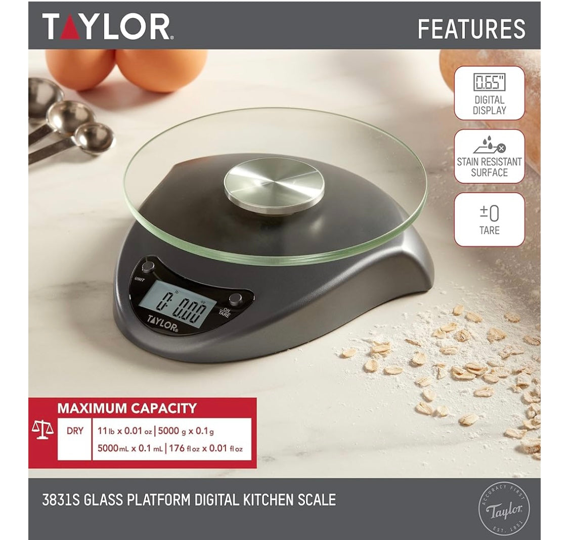 Taylor Digital Kitchen Scale with Glass Platform, Tare Button, and Plastic Body Weighs up to 11 Pounds Capacity, Silver