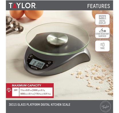 Taylor Digital Kitchen Scale with Glass Platform, Tare Button, and Plastic Body Weighs up to 11 Pounds Capacity, Silver