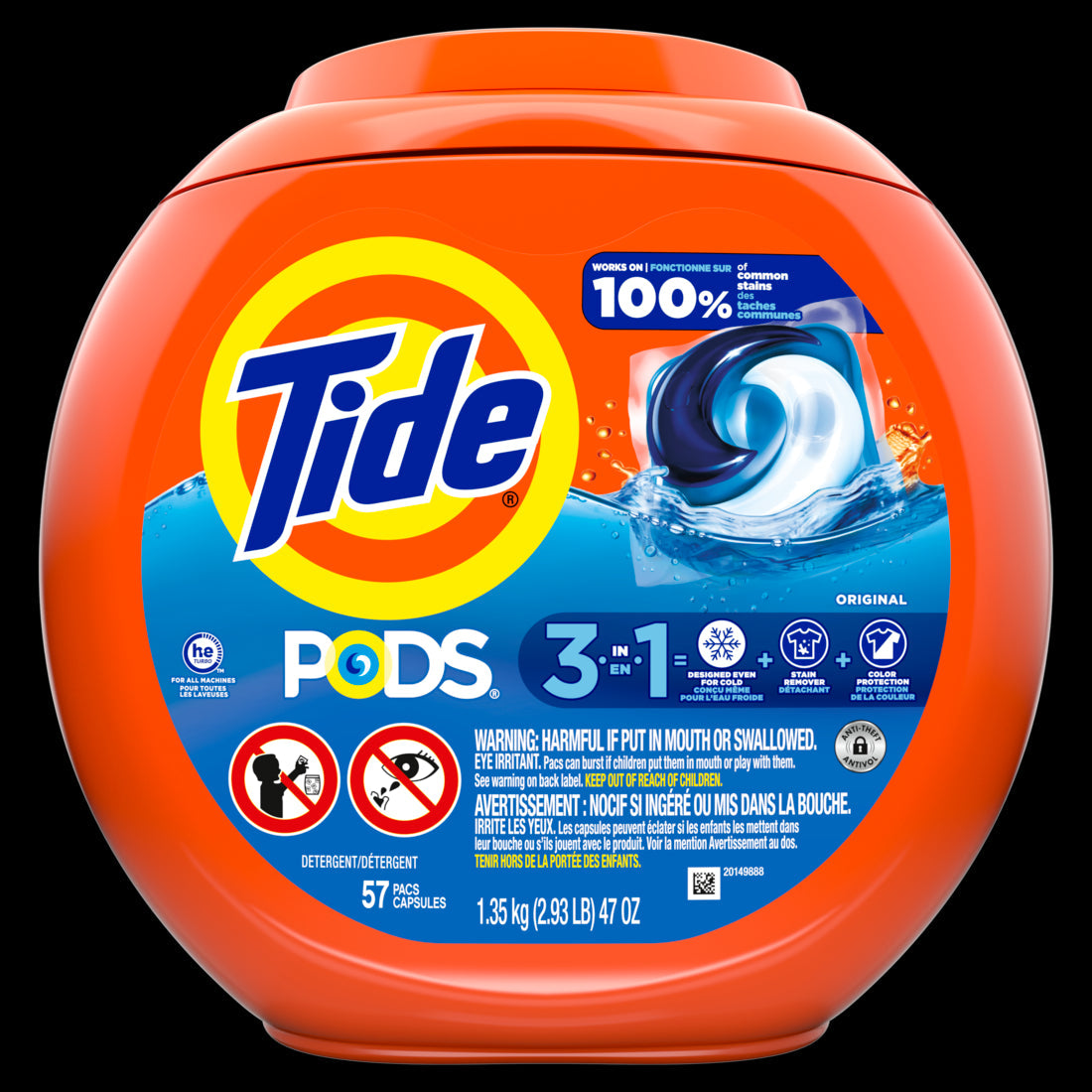 Tide PODS laundry detergent pacs 3-in-1 Stain Remover Odor Fighter Color Protector HE compatible Original Scent - 57ct