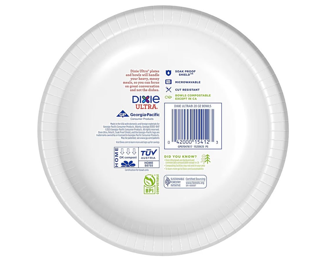 Dixie Ultra, Large Paper Bowls, 20 Oz, 26 Count, Microwave Safe, Compostable, Disposable Bowls Great For Breakfast, Lunch, And Dinner Meals