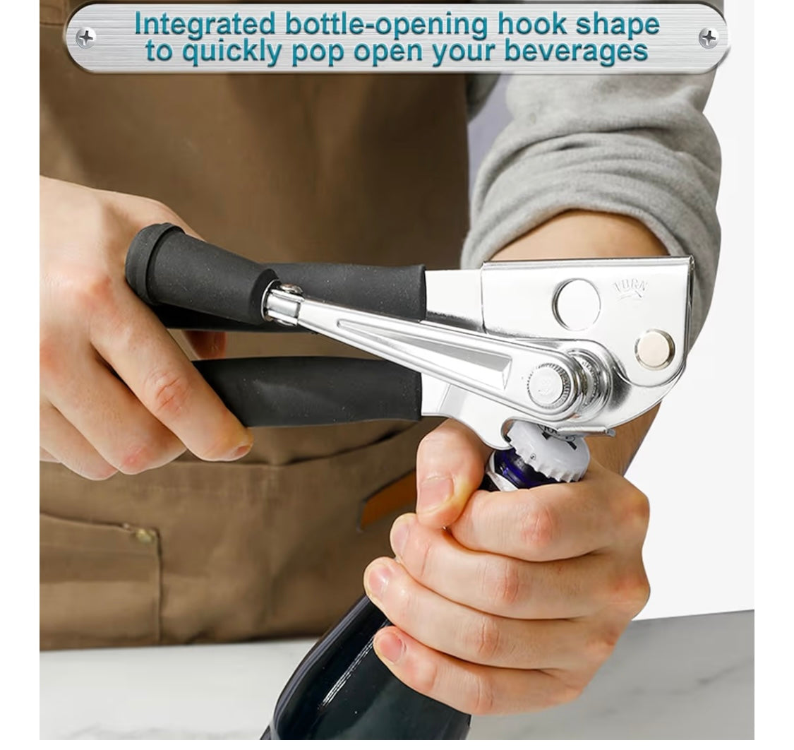 Commercial Can Opener with Magnet, Manual Heavy Duty Folding Hand Crank Can Opener Smooth Edge with Comfortable Long Handles, Fit All Size Cans, Large Cans