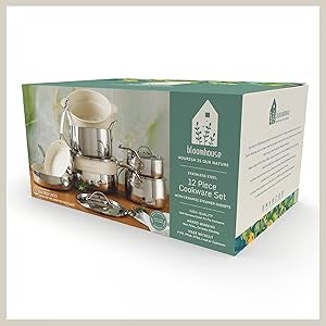 Bloomhouse 12 Piece Triply Stainless Steel Pots and Pans Cookware Set w/Non-Stick Non-Toxic Ceramic Interior, Ceramic Steamer Inserts, & 12 Protective Care Bags