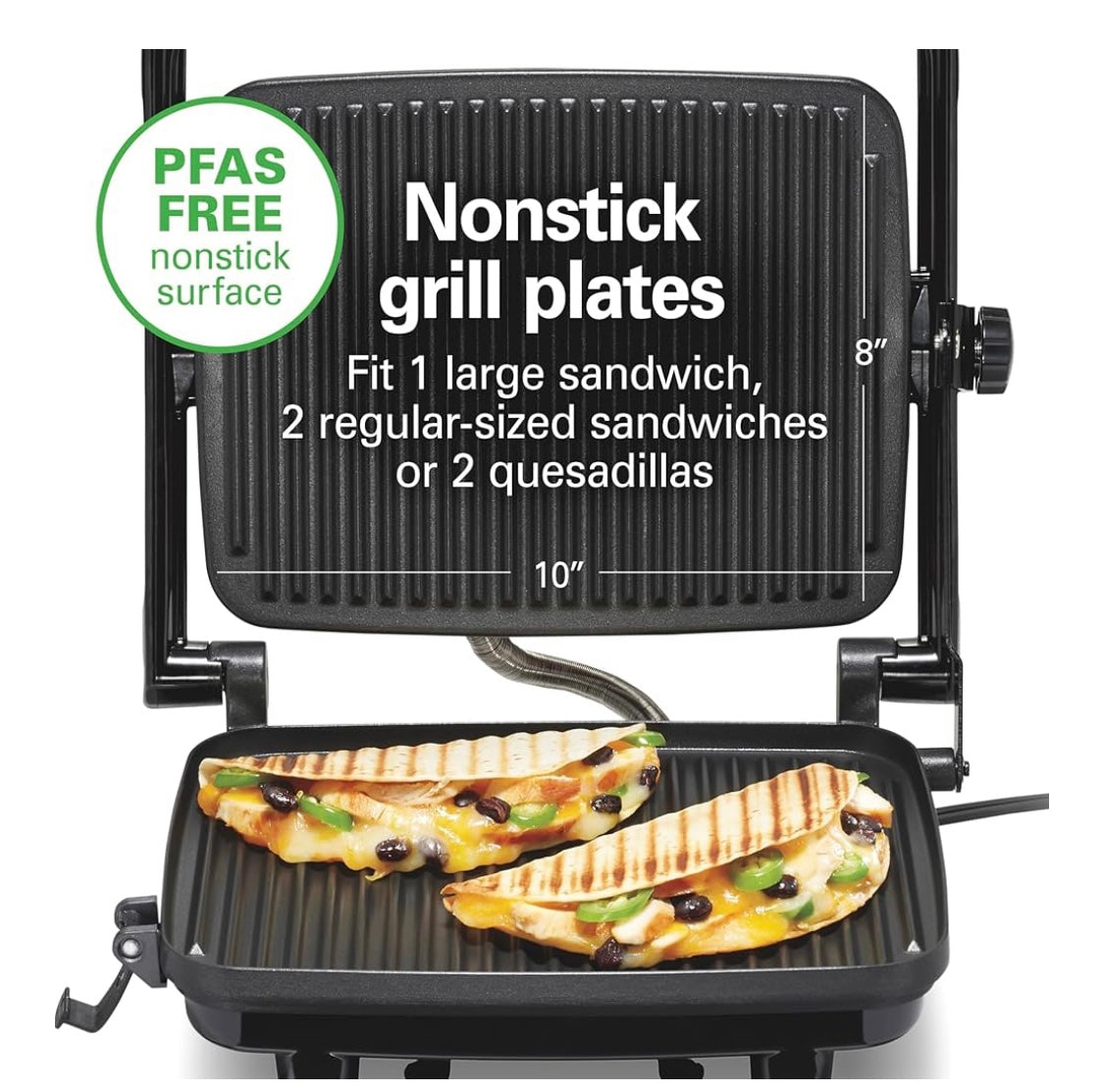 Hamilton Beach Panini Press Sandwich Maker & Electric Indoor Grill with Locking Lid, Opens Wide to Fit Any Thickness for Quesadillas, Burgers & More, Nonstick 8" x 10" Grids, Chrome