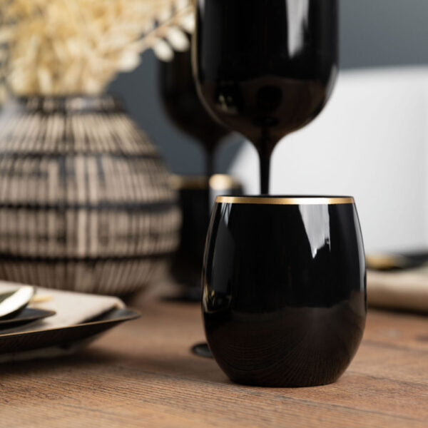 Stemless Goblets 12 oz Black Gold Rim
