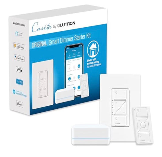 Lutron Caseta Original Smart Dimmer Switch Starter Kit, with Pico Remote, Wall Plate, and Smart Hub, Works with Alexa, Apple Home, and Google Home, 3 Way, 150W, No Neutral Req, P-BDG-PKG1W