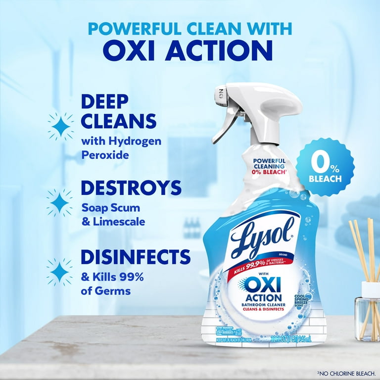 Lysol Bathroom Cleaner OXI Action Spray, Cleaning, Sanitizing, & Disinfecting Spray with Hydrogen Peroxide, Bleach Free, Cool Spring Breeze Scent, 32 fl oz