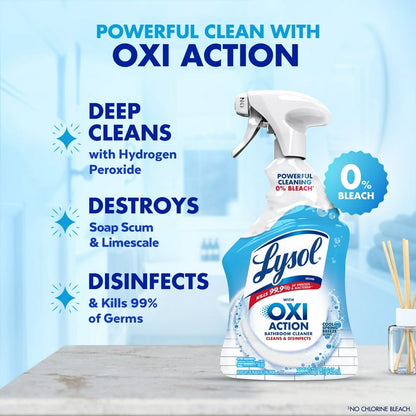 Lysol Bathroom Cleaner OXI Action Spray, Cleaning, Sanitizing, & Disinfecting Spray with Hydrogen Peroxide, Bleach Free, Cool Spring Breeze Scent, 32 fl oz