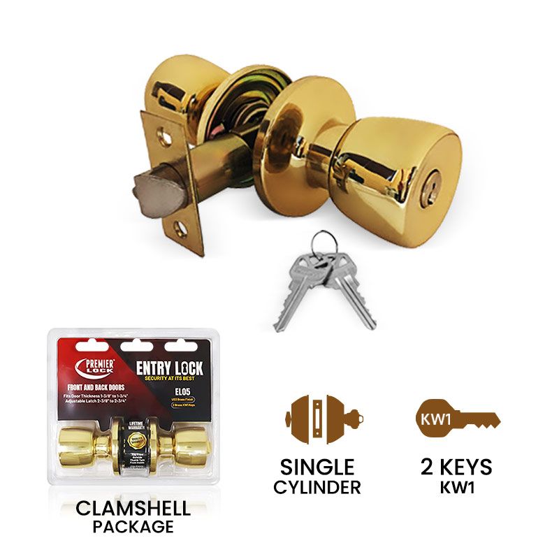 Solid Brass Keyed Entry Door Knob, Tubular With 2 KW1 Keys- Carded