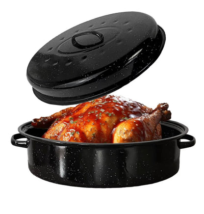 15 “ Oval Roasting Pan With Lid Small Chicken Roaster With 13.7in Inner Diameter Enamel Steel Roasting