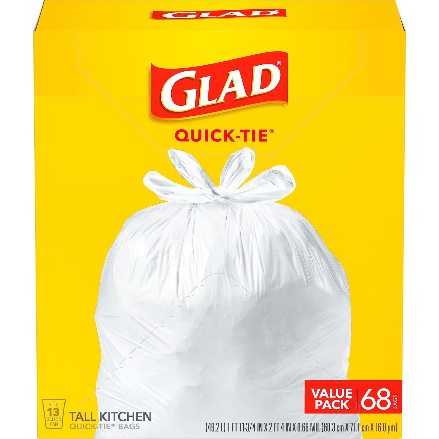 Glad Tall Kitchen Trash Bags 13 Gallon,Unscented Garbage Bags,Quick-Tie,68 Count