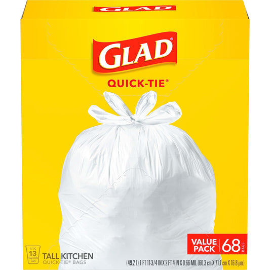 Glad Tall Kitchen Trash Bags 13 Gallon,Unscented Garbage Bags,Quick-Tie,68 Count