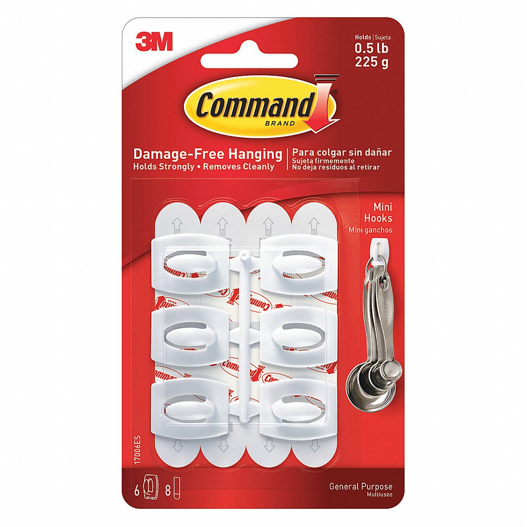 COMMAND Hook: 1/2 lb Wt Capacity, 1 Points per Hook, White, 1 3/32 in Overall Ht, 6 PK