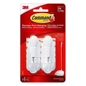 Command Medium Wire Hooks, 3 lb., White, 2/Pack