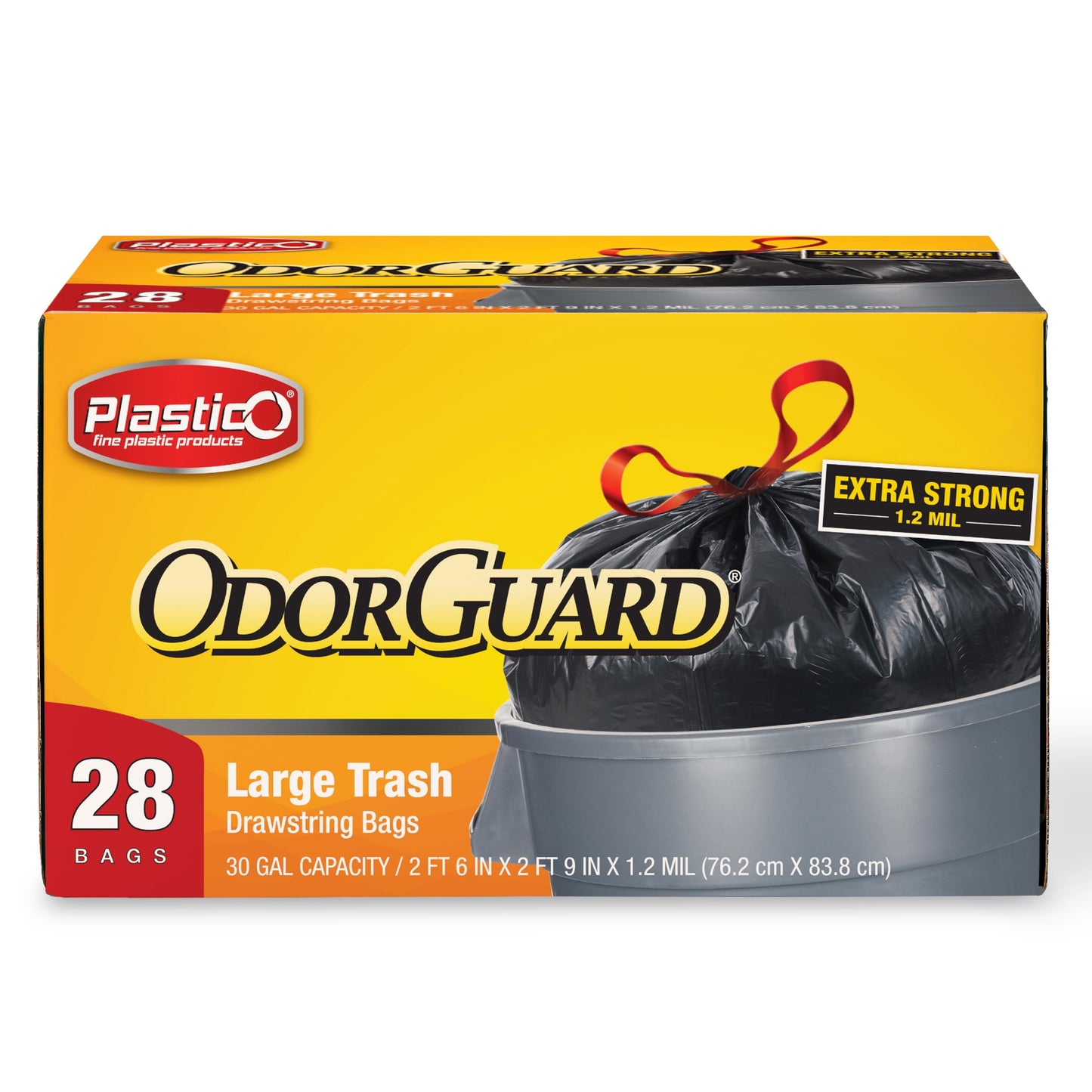 Plastico Large Trash Bags - 30 Gallon, Black, 28 Garbage Bags, Extra Strong, Easy Drawstrings - Odor Guard Control, Unscented, 1.2 Mil Thick Plastic