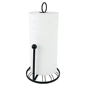 Spectrum Contempo Farmhouse Paper Towel Holder with Easy Tear Arm for Kitchen Counter Tabletop Bathroom, Sturdy Metal Rustic Paper Towel Stand with Weighted Base for Standard & Jumbo Rolls, BlacK