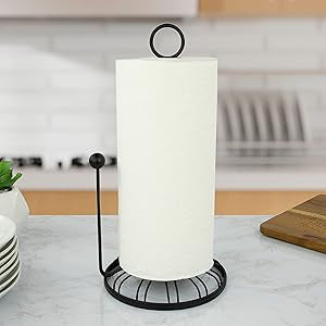 Spectrum Contempo Farmhouse Paper Towel Holder with Easy Tear Arm for Kitchen Counter Tabletop Bathroom, Sturdy Metal Rustic Paper Towel Stand with Weighted Base for Standard & Jumbo Rolls, BlacK