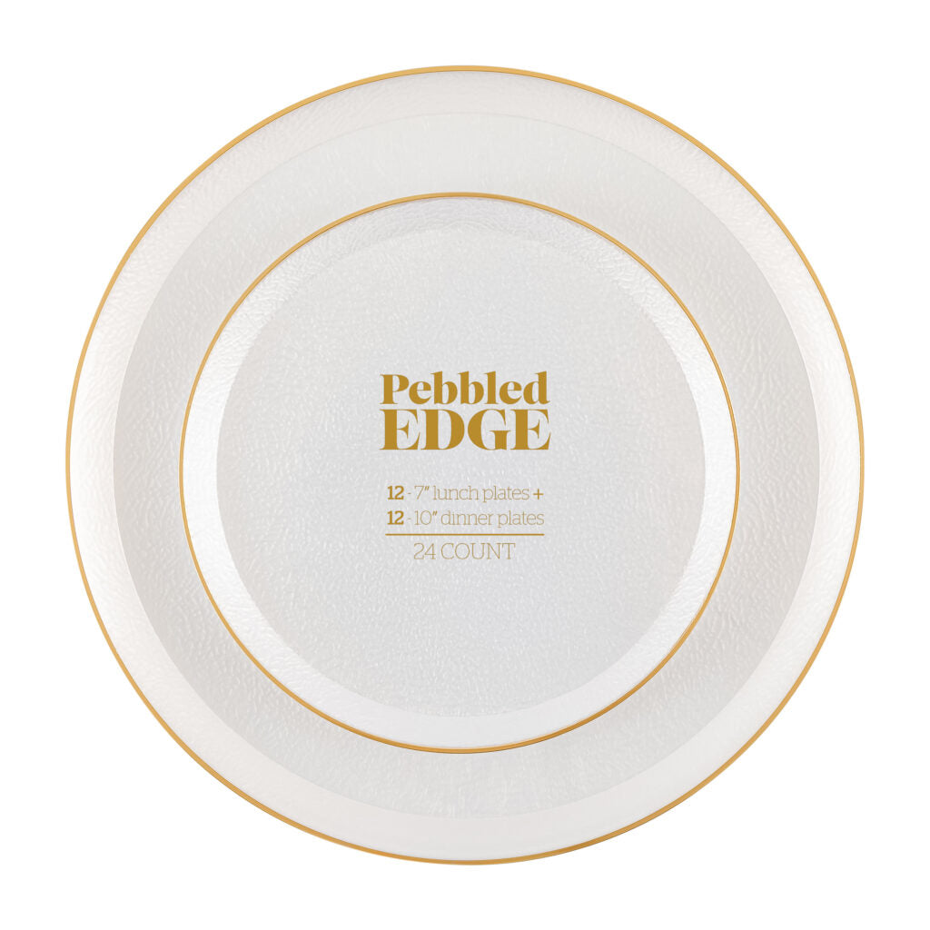 Edge Pebbled Combo Pearl/Gold Rim 7″ & 10″ Plates (24 Count)