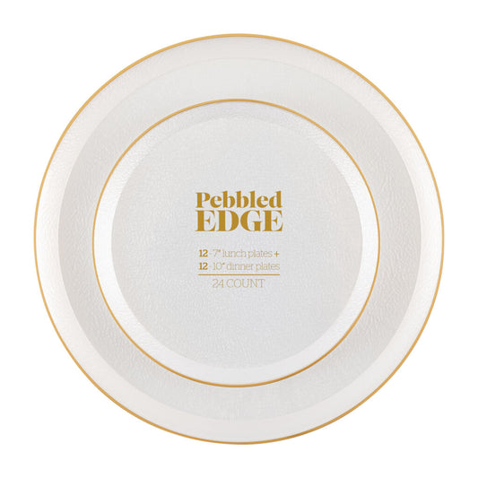 Edge Pebbled Combo Pearl/Gold Rim 7″ & 10″ Plates (24 Count)