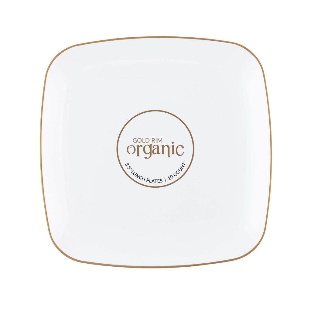 Organic Square Plates White/Gold Rim 8.5″ (10 Count)