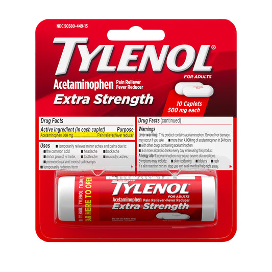 Tylenol Extra Strength 500 mg Acetaminophen Caplets, Pain Reliever & Fever Reducer, Acetaminophen for Minor Arthritis Pain, Headache, Backache & Toothache, Travel Size, 10 ct
