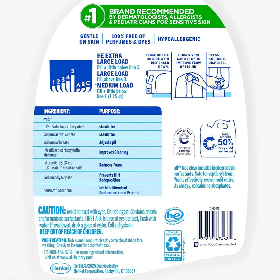 all Liquid Laundry Detergent Free Clear for Sensitive Skin 166 Loads - 208oz