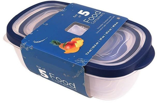 Rectangle Food Container Set With Rubber Lid 5pk
