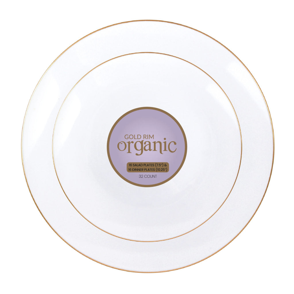 Organic White/Gold Rim Combo Plates 7.5″ & 10.25″ (32 Count)