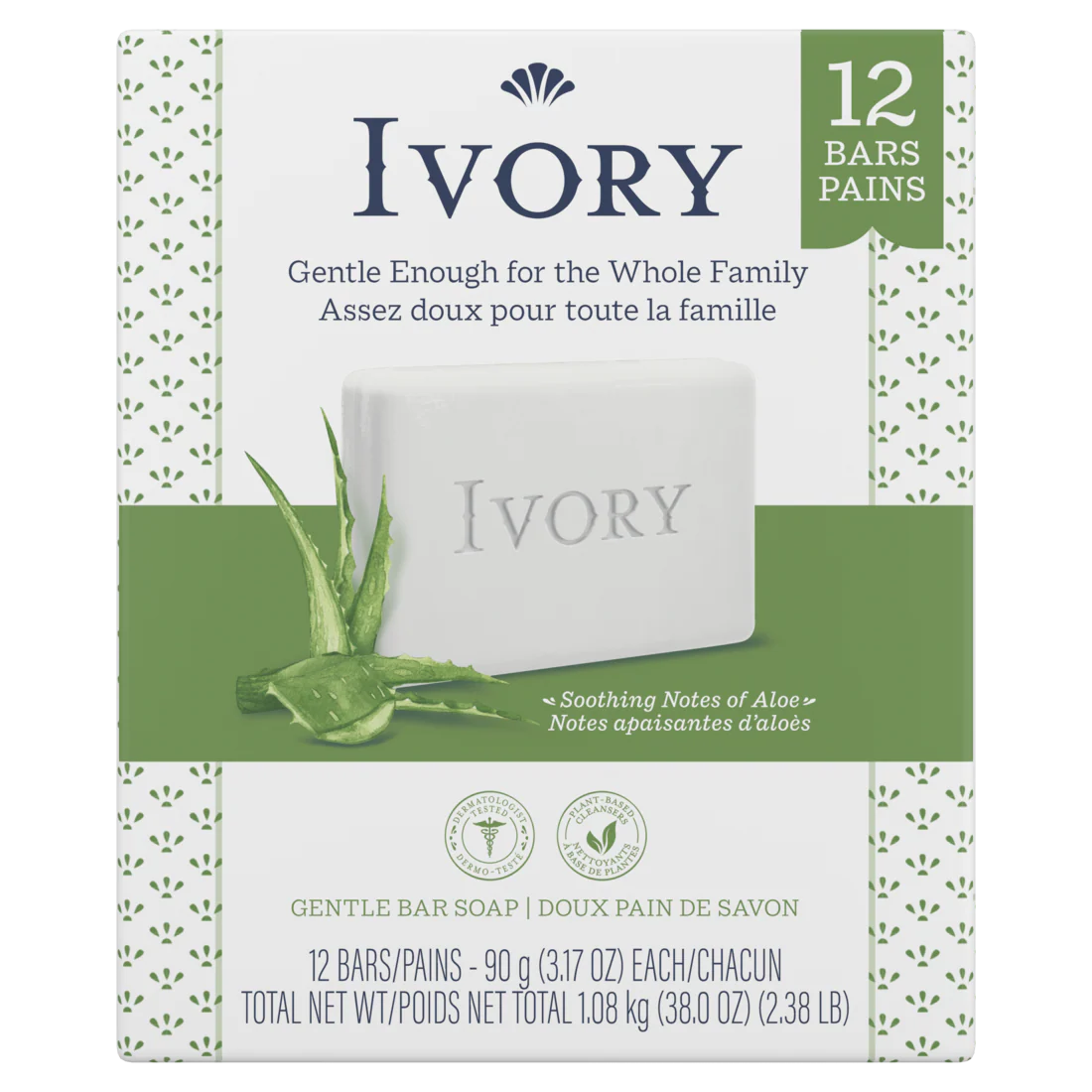 Ivory Gentle Bar Soap Soothing Notes of Aloe - (12x3.17