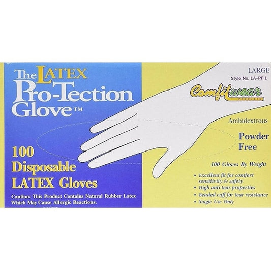 Disposable Latex Gloves, Powder Free Size Large, 100 gloves per box