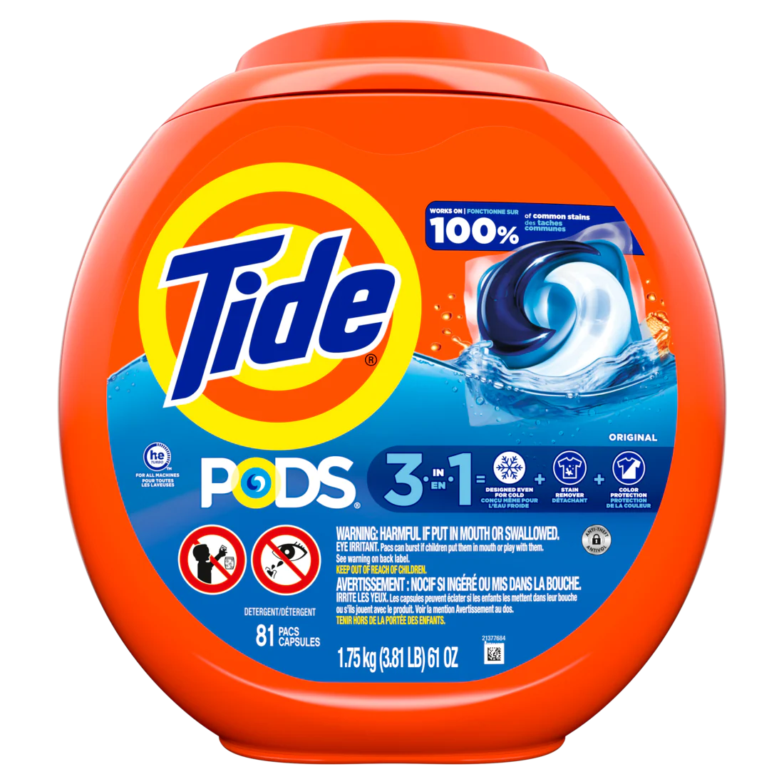 Tide Pods Laundry Detergent Pacs 3-in-1 Stain Remover Odor Fighter Color Protector HE Compatible Original Scent - 81ct
