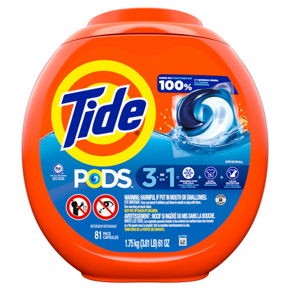 Tide Pods Laundry Detergent Pacs 3-in-1 Stain Remover Odor Fighter Color Protector HE Compatible Original Scent - 81ct
