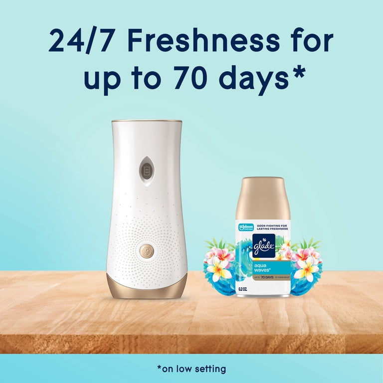 Glade Automatic Spray Air Freshener Starter Kit, 1 Holder and 1 Refill, Aqua Waves, Fragrance Infused with Essential Oils, 6.2 oz