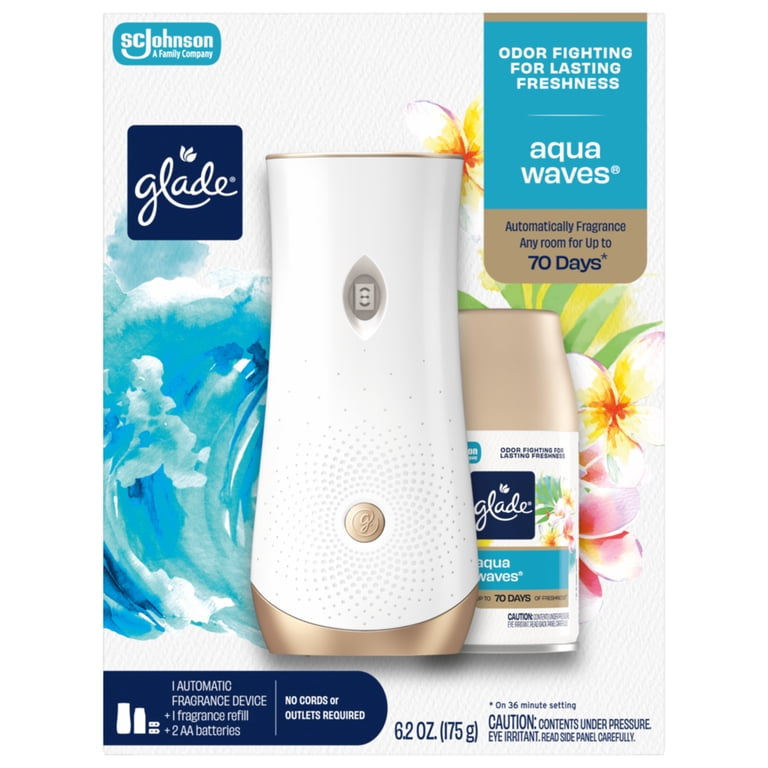 Glade Automatic Spray Air Freshener Starter Kit, 1 Holder and 1 Refill, Aqua Waves, Fragrance Infused with Essential Oils, 6.2 oz